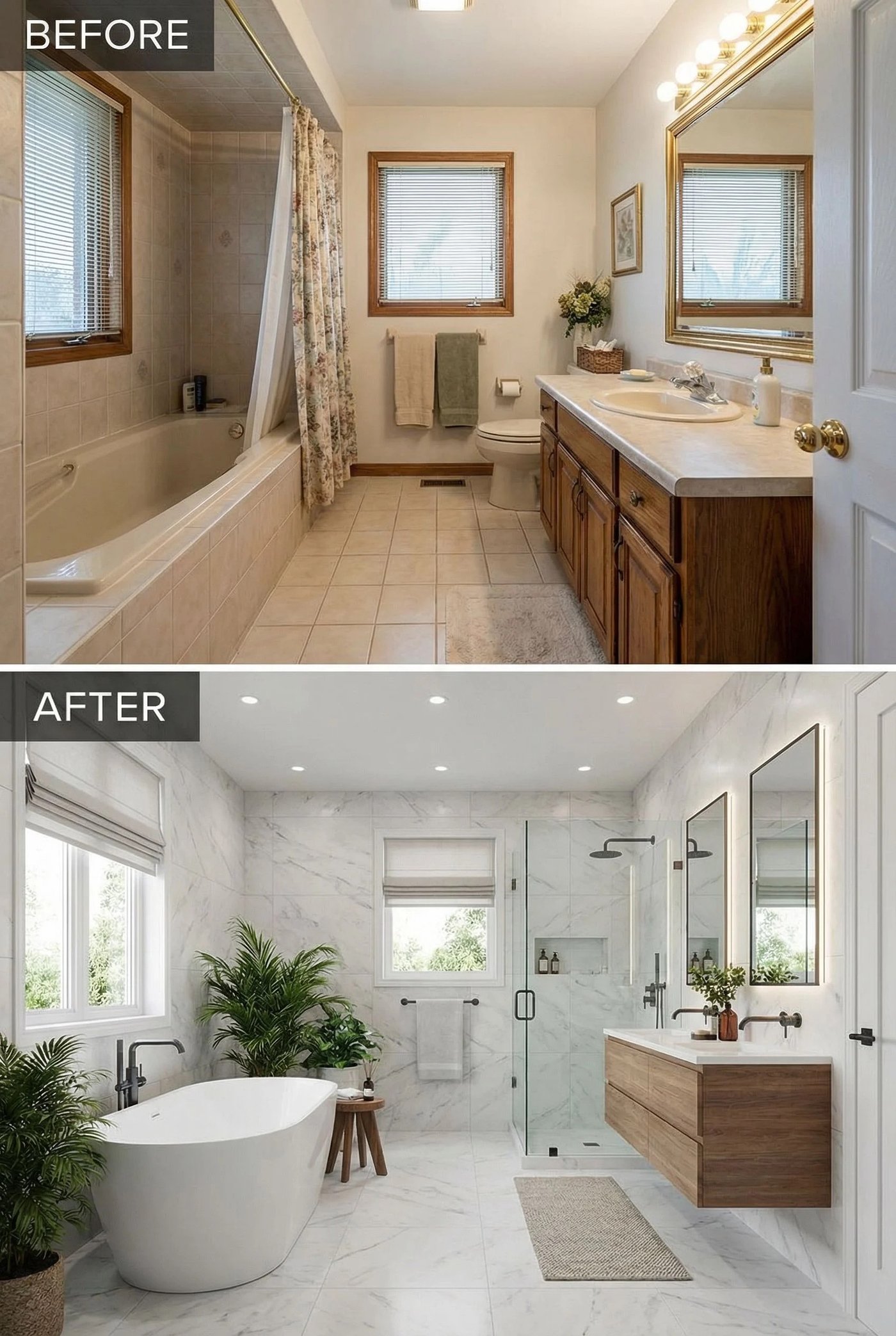 Primary bathroom before and after