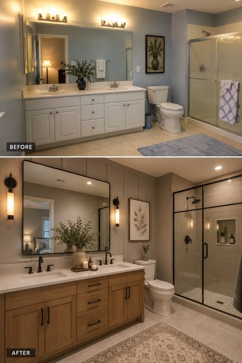 Bathroom vanity and shower before and after