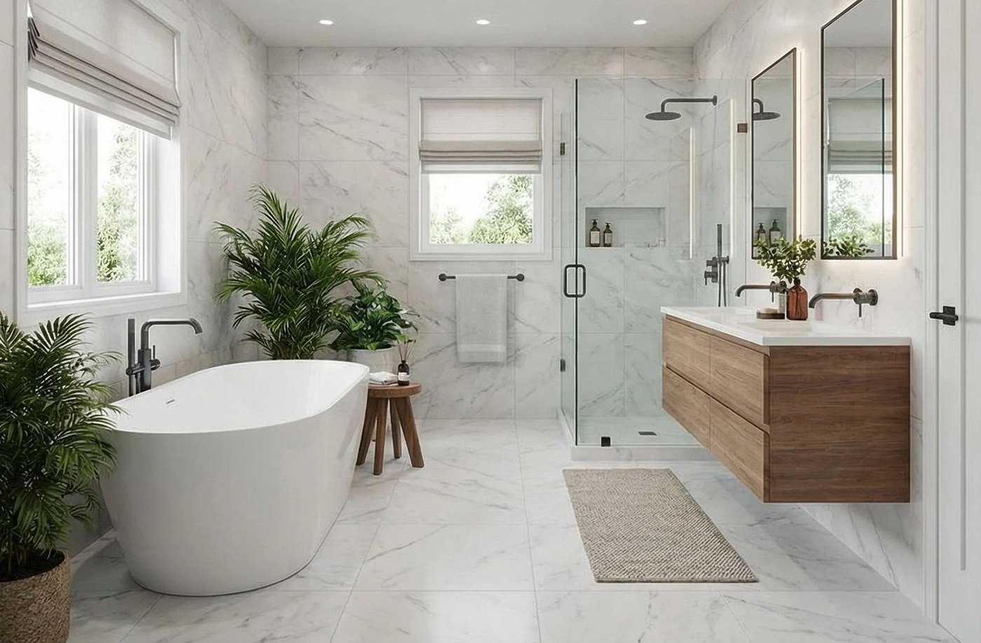 A primary bathroom remodeled by Custom Builds with a freestanding tub and tiled walk-in shower