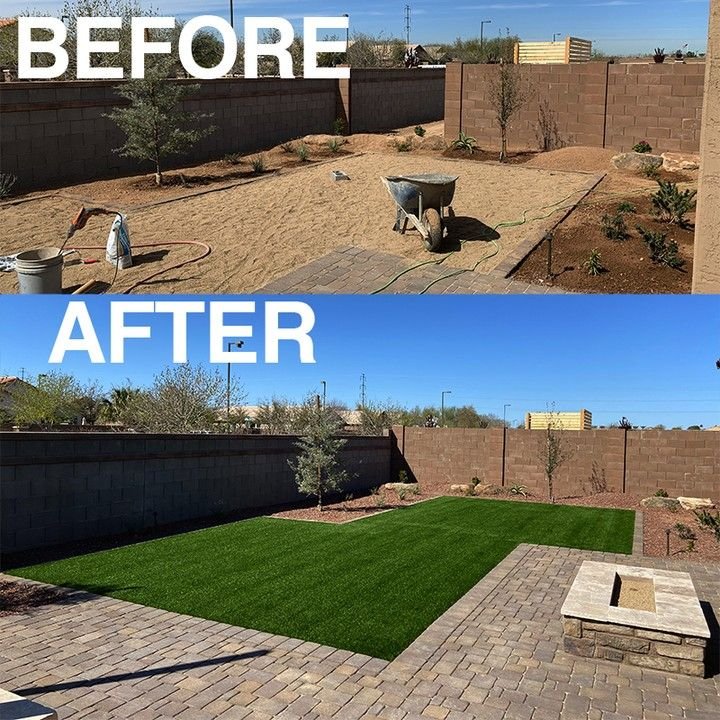 Back yard before and after pavers and synthetic grass